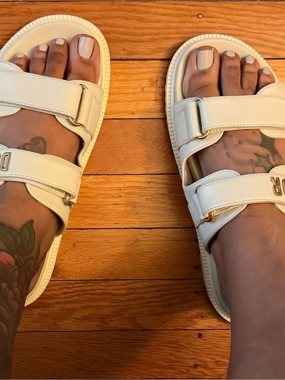 Cream Leather Double-Strap Slides with Gold DIOR Logo, Size 9. (EU 40) - Picture 2 of 8